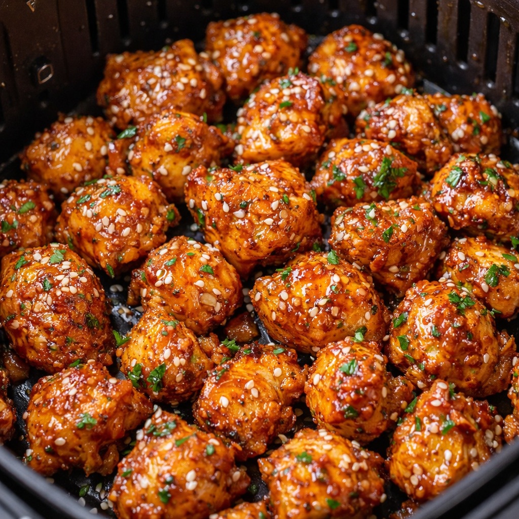 crispy air fryer honey garlic chicken bites coated in sticky sauce with sesame seeds