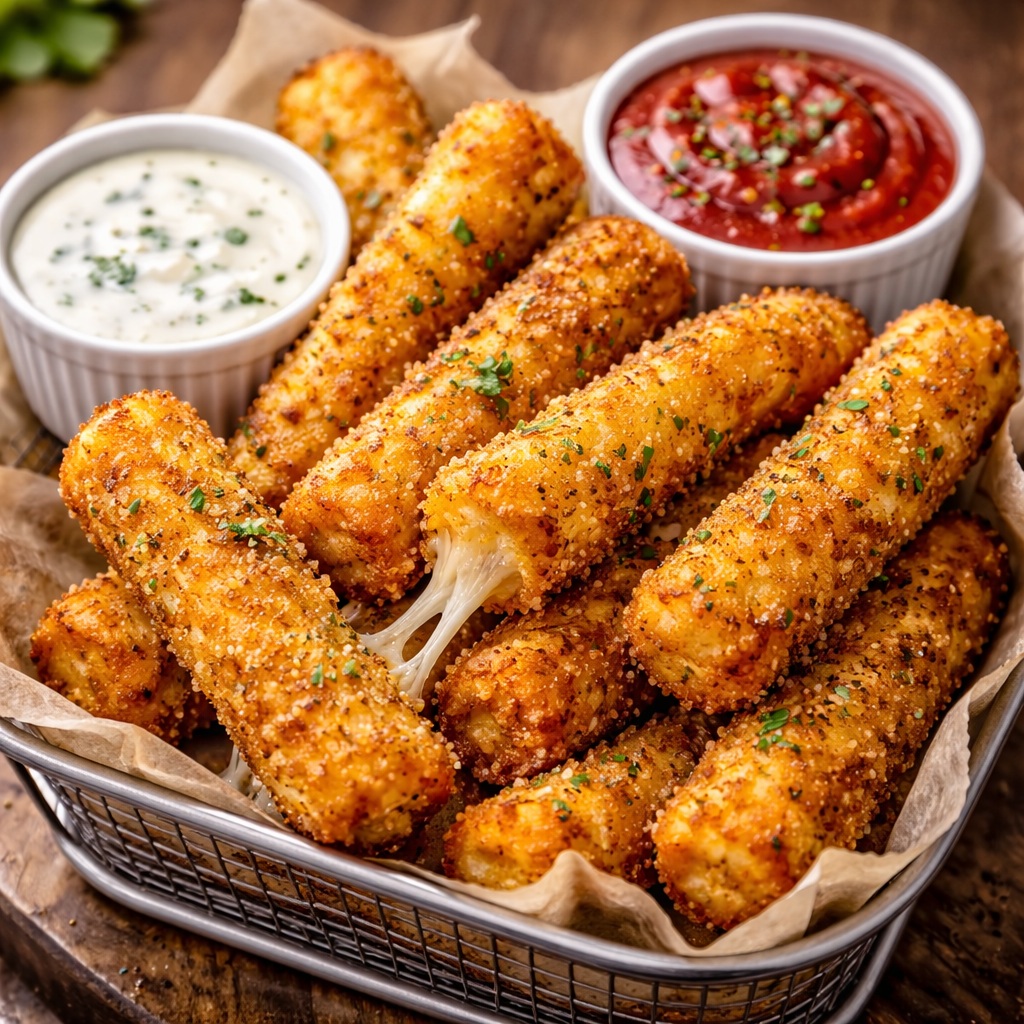 crispy air fryer mozzarella sticks with golden coating and melted cheese inside served with marinara sauce