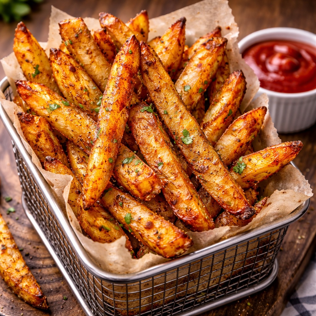 crispy air fryer seasoned fries golden brown with paprika and garlic seasoning