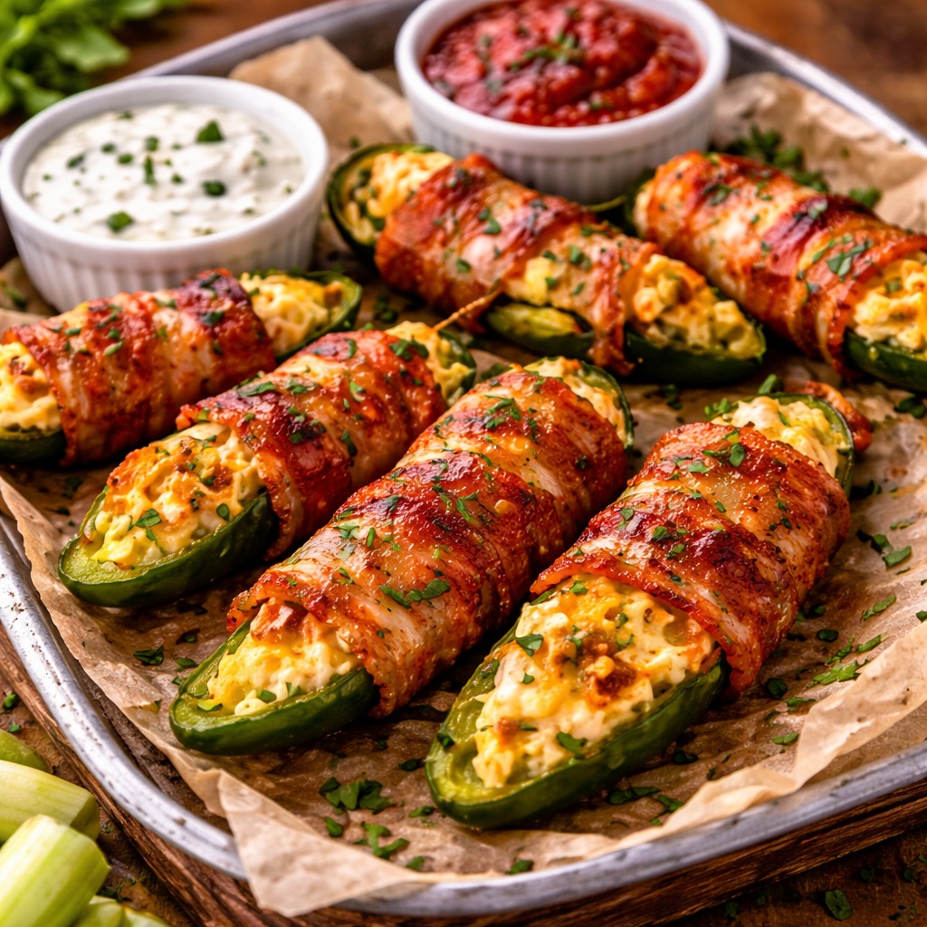 bacon wrapped jalapeño poppers baked crispy on tray with dipping sauces