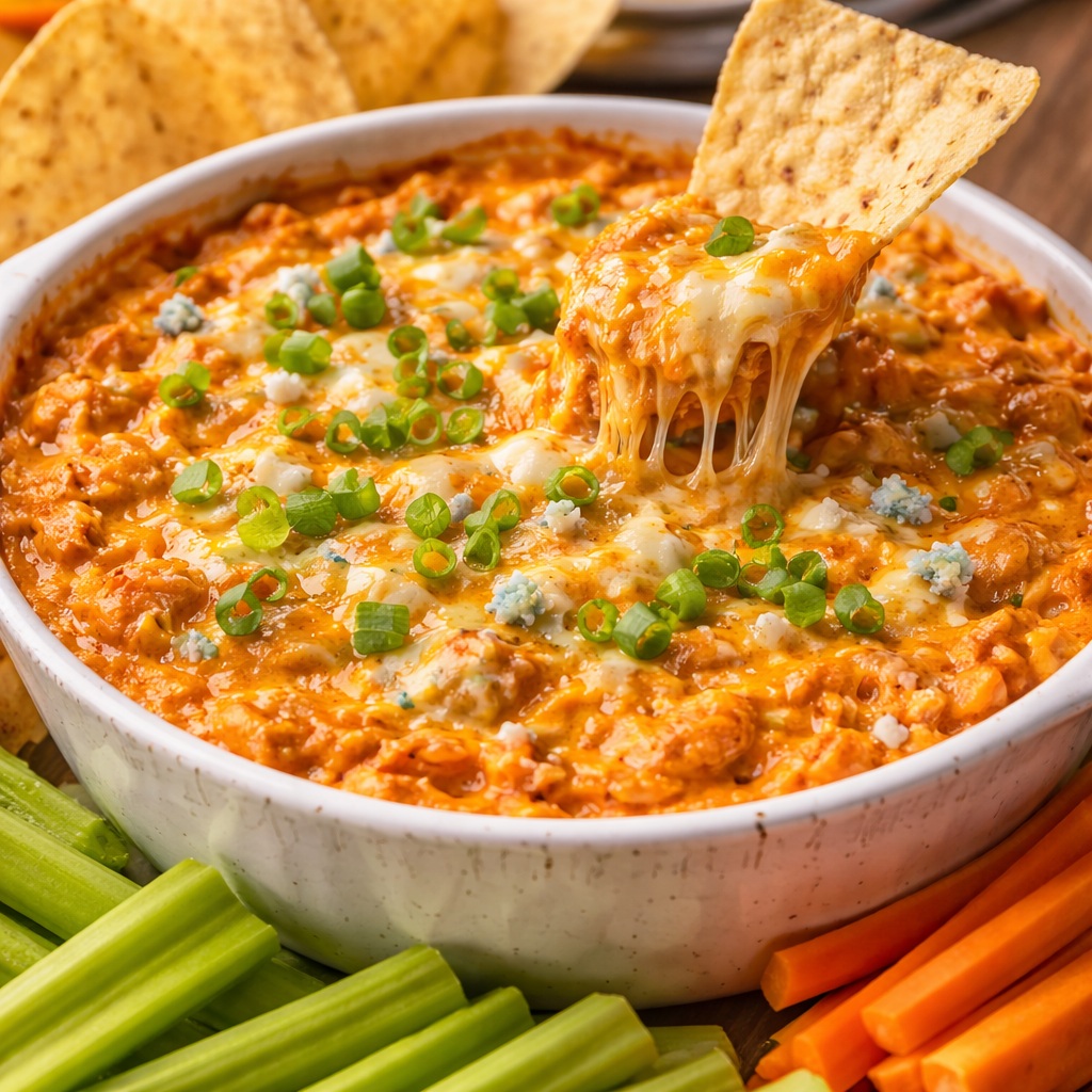 Creamy buffalo chicken dip baked with melted cheddar cheese and topped with green onions in a serving dish