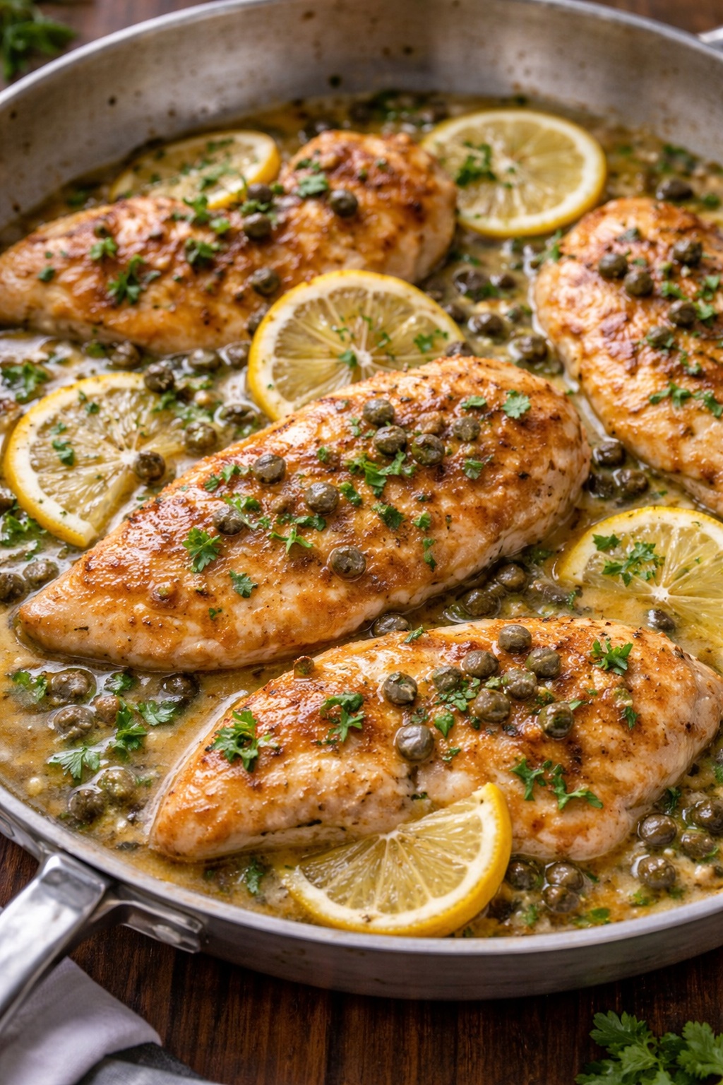 chicken piccata with lemon butter sauce and capers in skillet