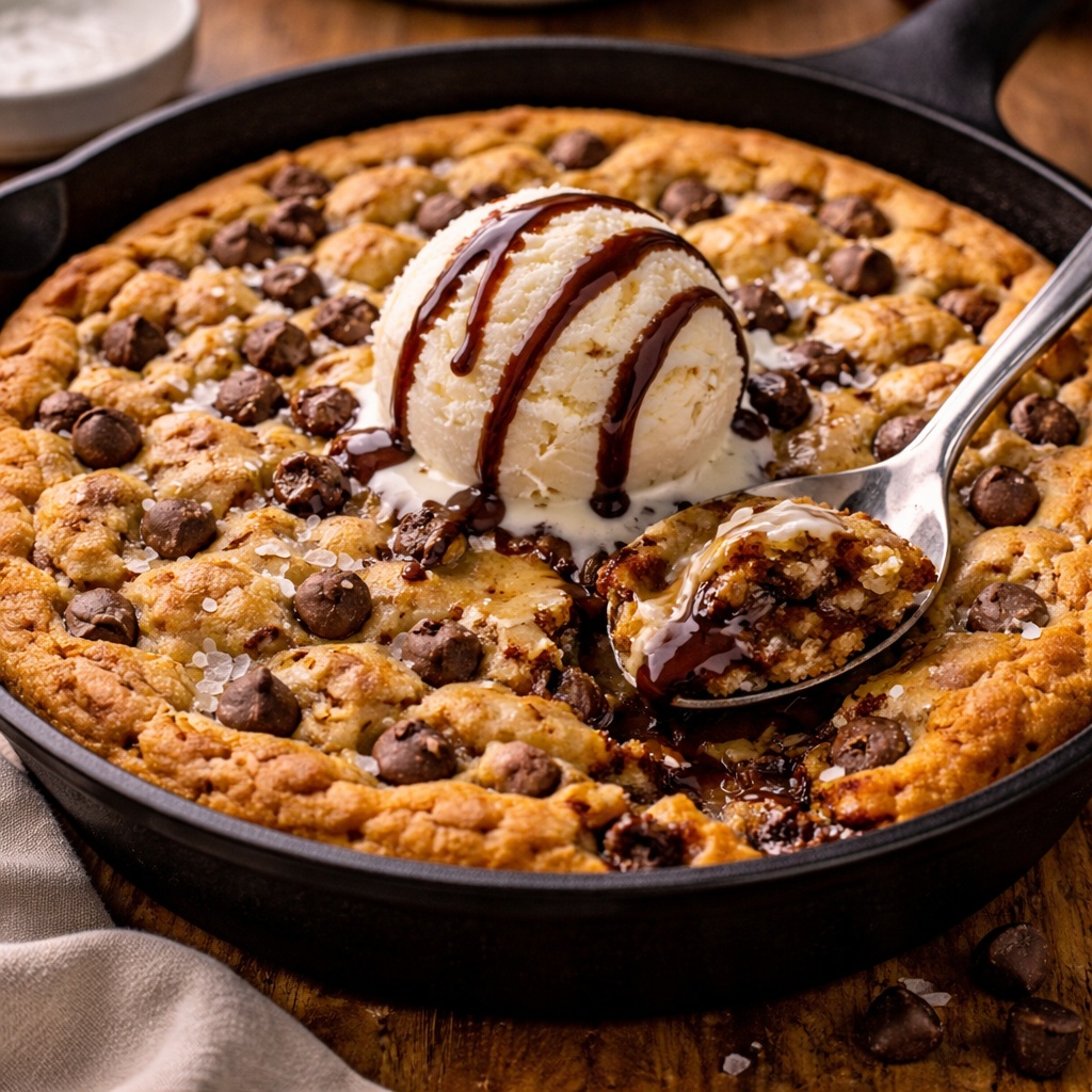 Warm chocolate chip skillet cookie with melted chocolate chips, crispy edges, and soft gooey center served in a skillet