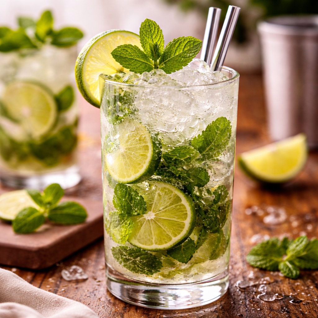 Classic mojito cocktail with lime wedges, fresh mint, and ice in a highball glass