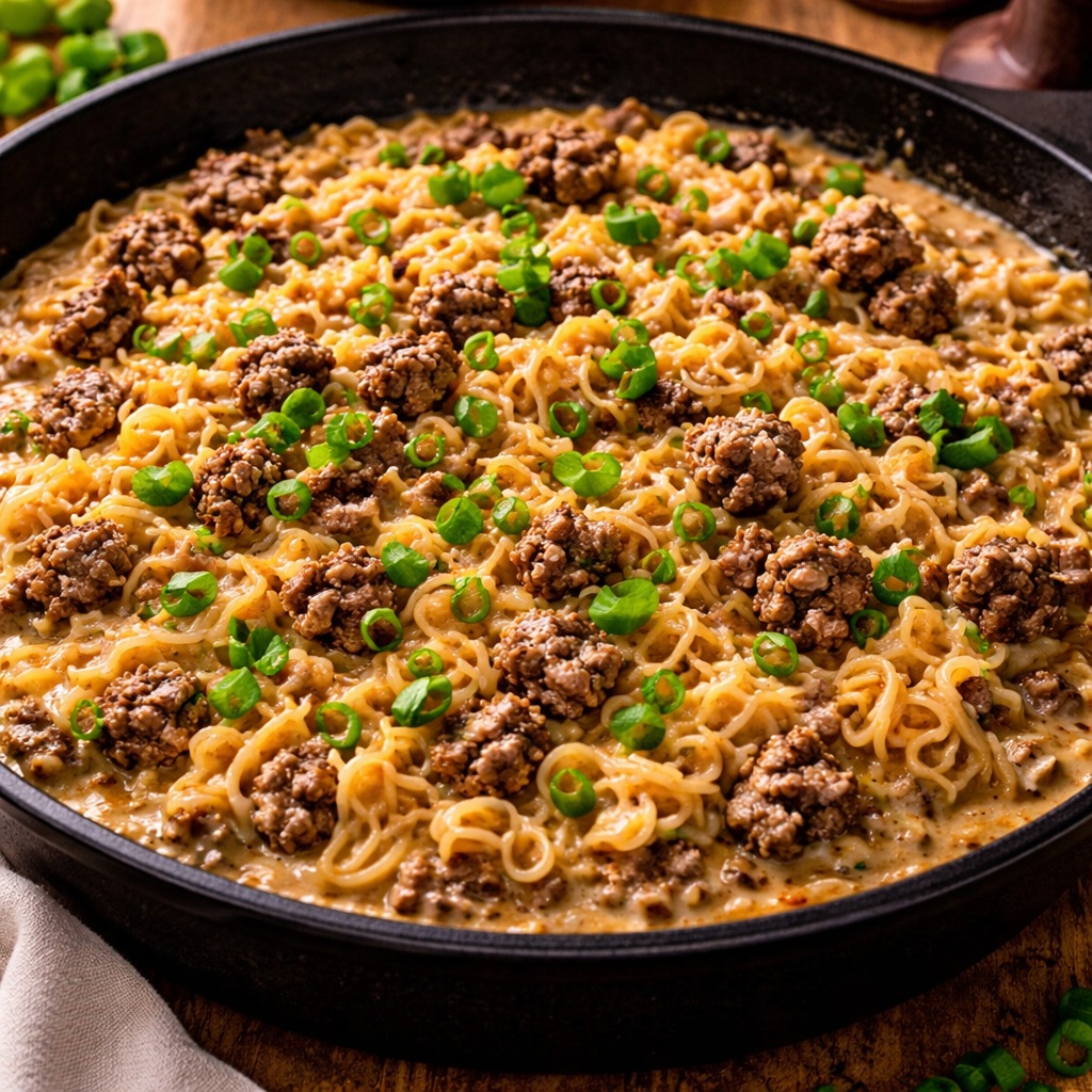 creamy beef ramen skillet with ground beef and noodles in a rich creamy sauce