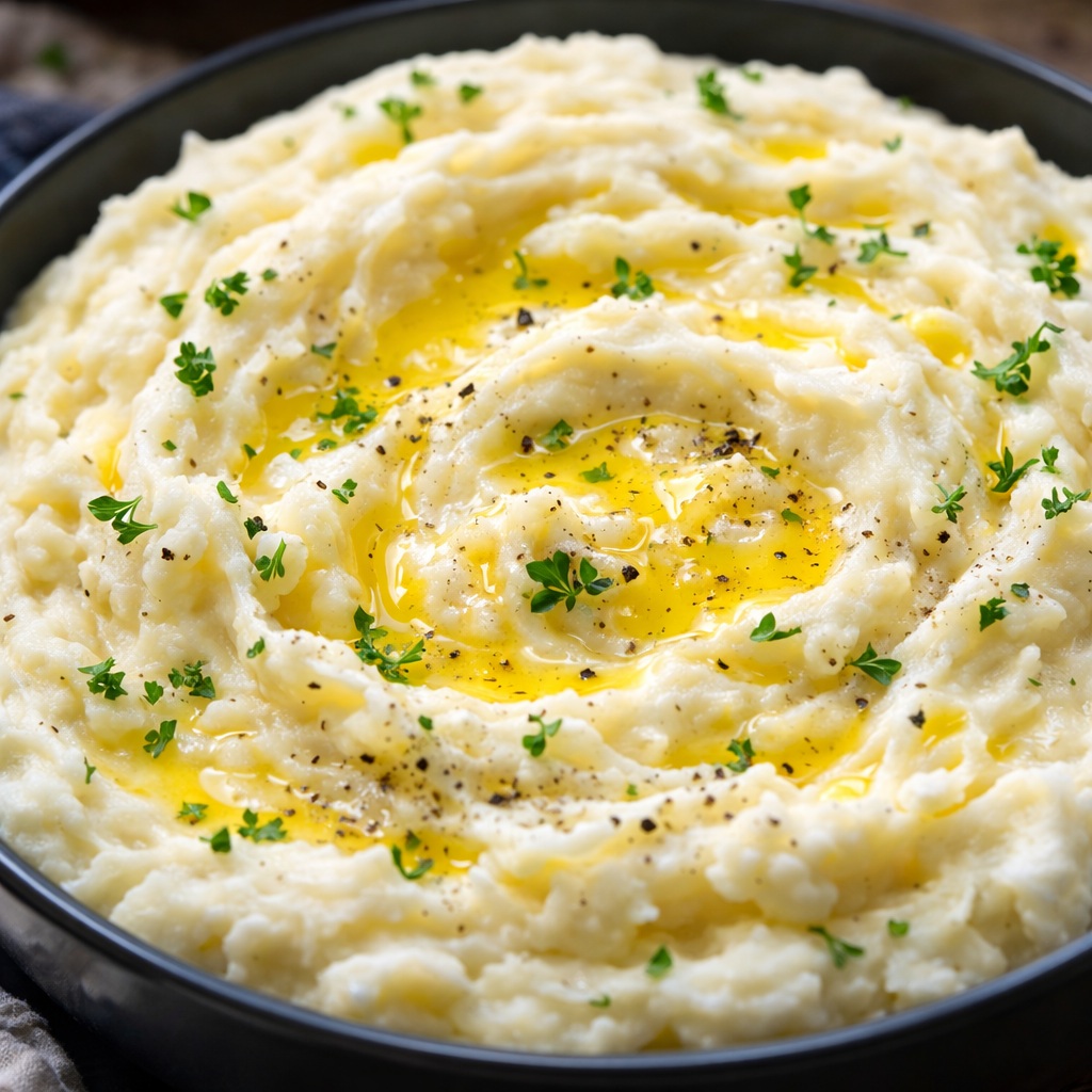 creamy mashed potatoes in bowl with butter melting on top