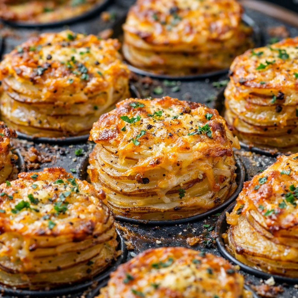 crispy cheese potato stacks baked in muffin tin with golden edges