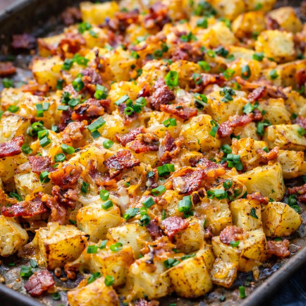 Crispy loaded ranch bacon potatoes on a baking sheet topped with melted cheese and chopped bacon