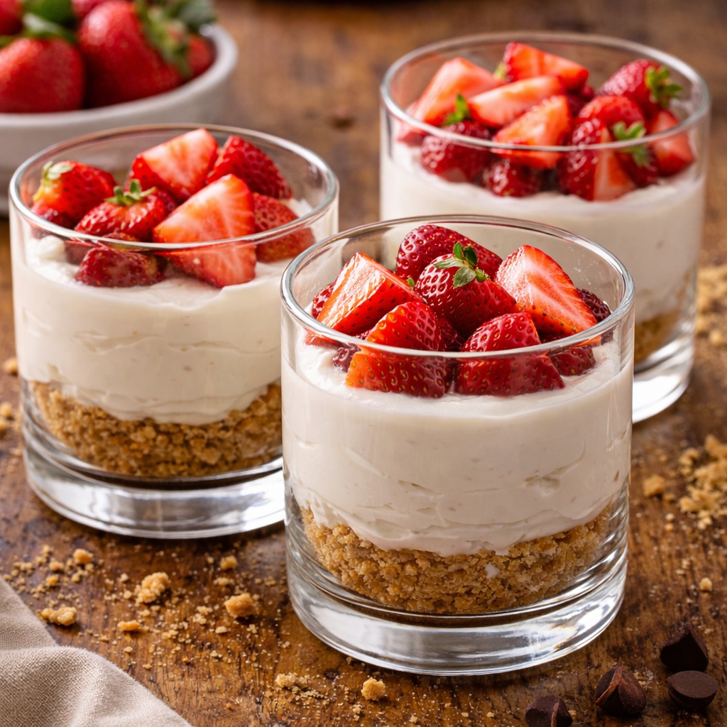 Layered no-bake cheesecake cups with graham cracker crumbs and fresh strawberries in clear dessert glasses
