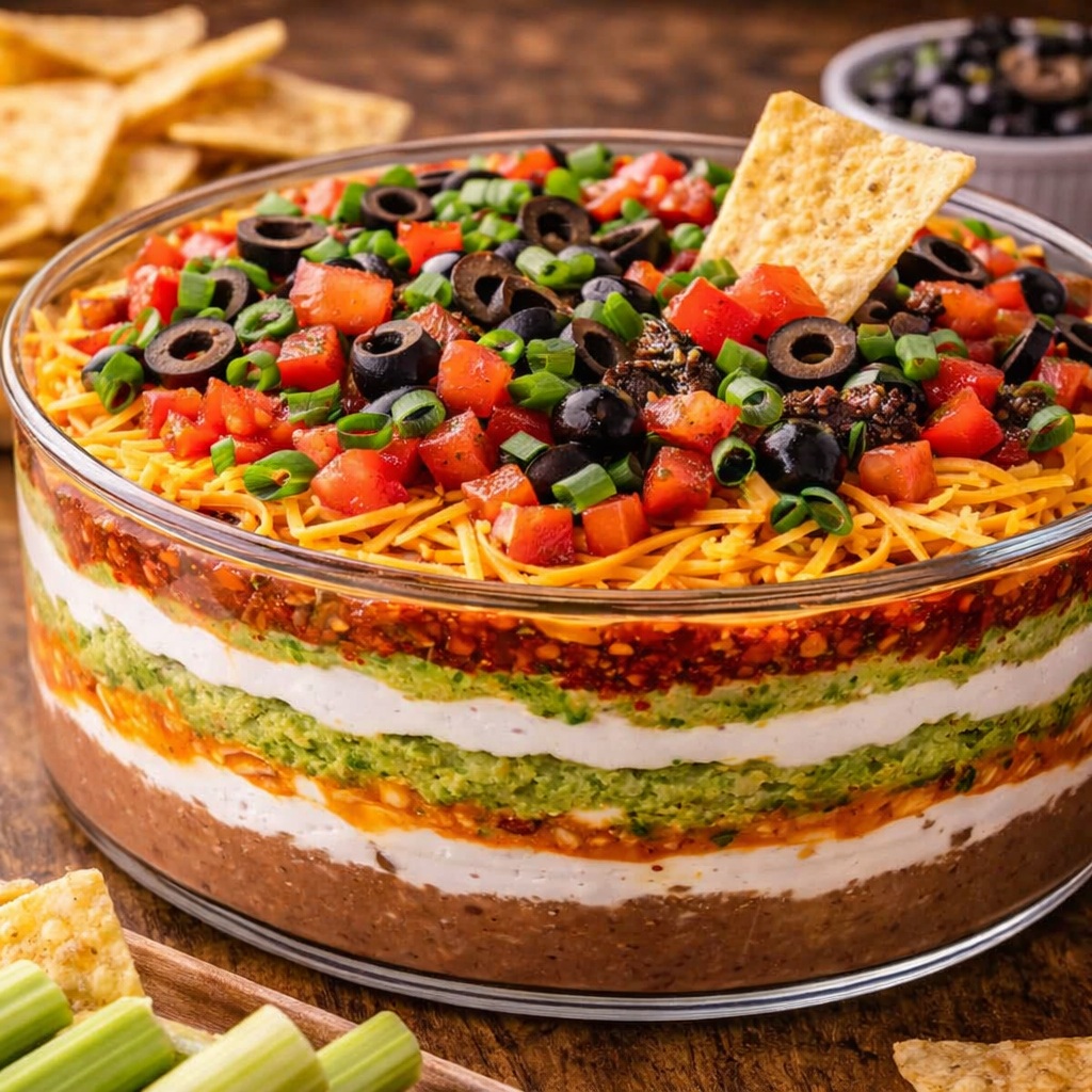 Creamy 7 layer bean dip with guacamole, salsa, cheddar cheese, tomatoes, and black olives served with tortilla chips