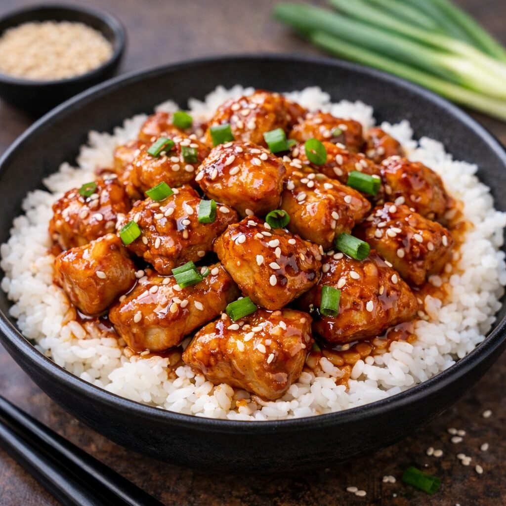 Sticky honey garlic chicken bites over rice