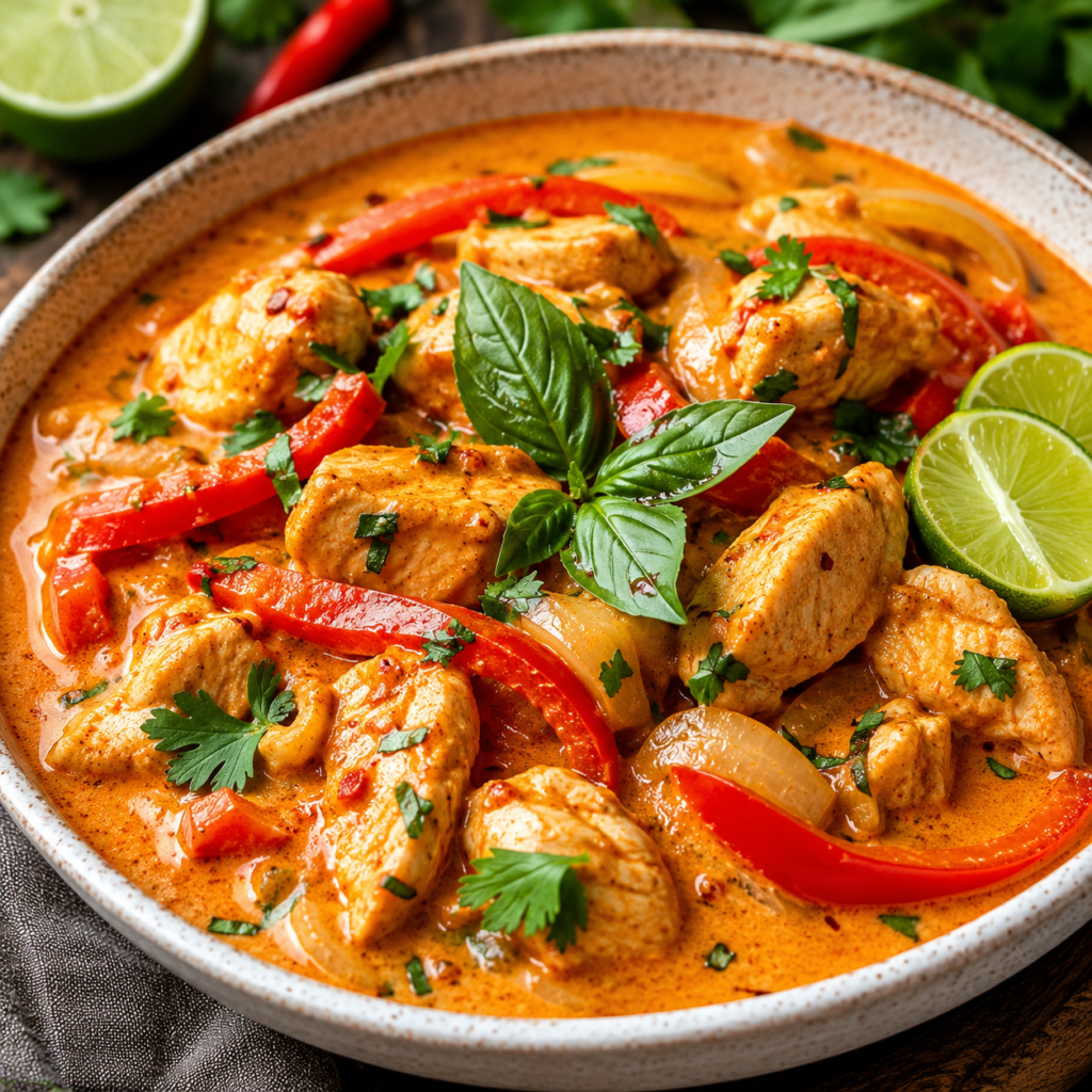 Creamy Thai coconut red curry chicken simmered with red peppers in a rich spicy coconut sauce and finished with fresh lime and basil.