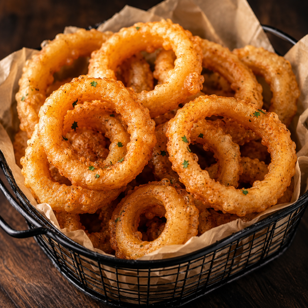 Golden crispy air fryer onion rings made with champagne batter served in a dark basket with crunchy coating and restaurant-style presentation.