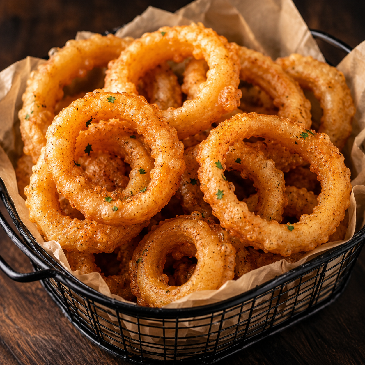 Golden crispy air fryer onion rings made with champagne batter served in a dark basket with crunchy coating and restaurant-style presentation.