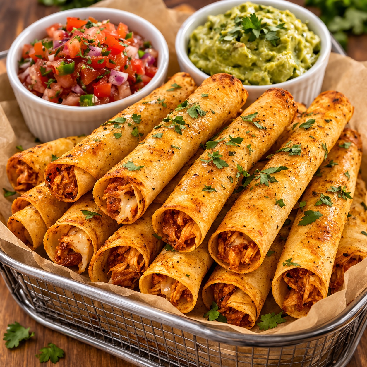 Crispy air fryer chicken crispitos served with salsa, sour cream, and guacamole on the side