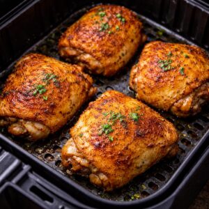 Air fryer crispy chicken thighs with golden crunchy skin, juicy seasoned meat, and smoky garlic flavor.