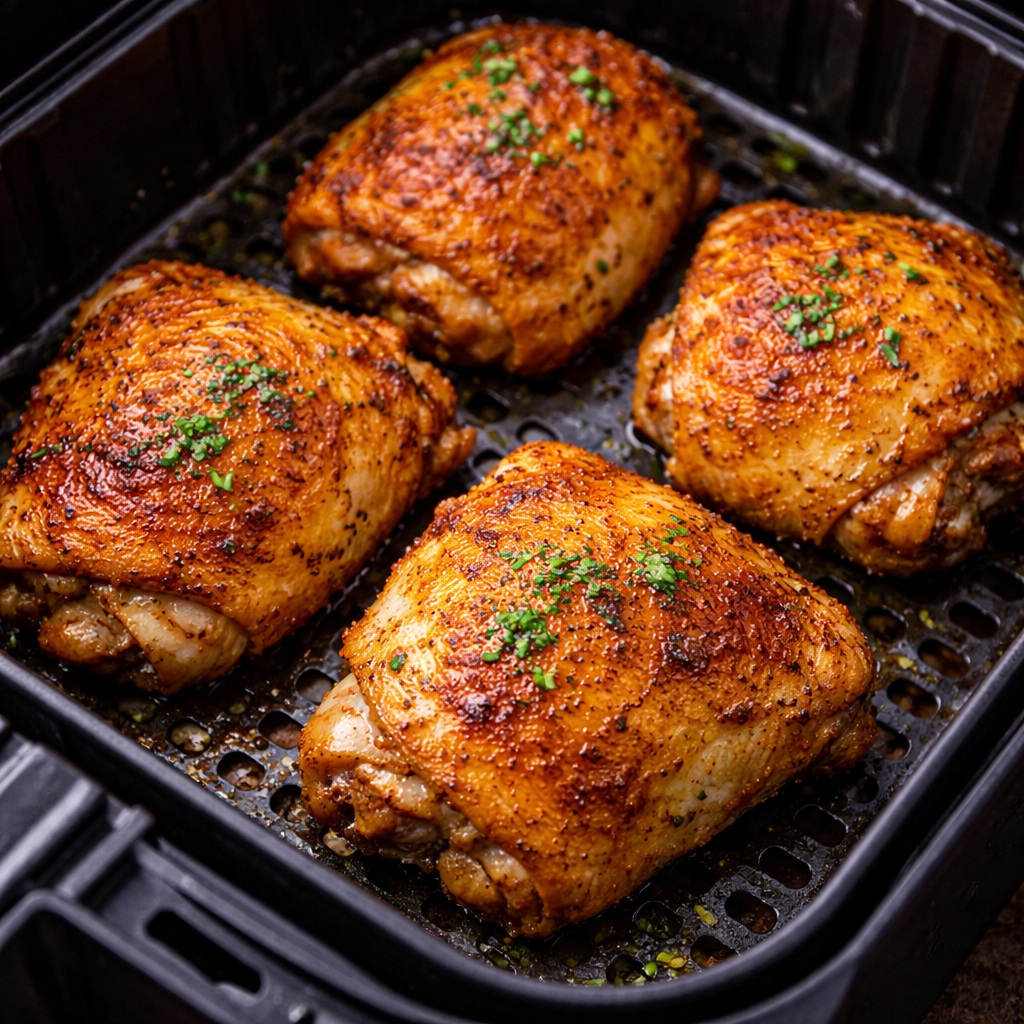 Air fryer crispy chicken thighs with golden crunchy skin, juicy seasoned meat, and smoky garlic flavor.