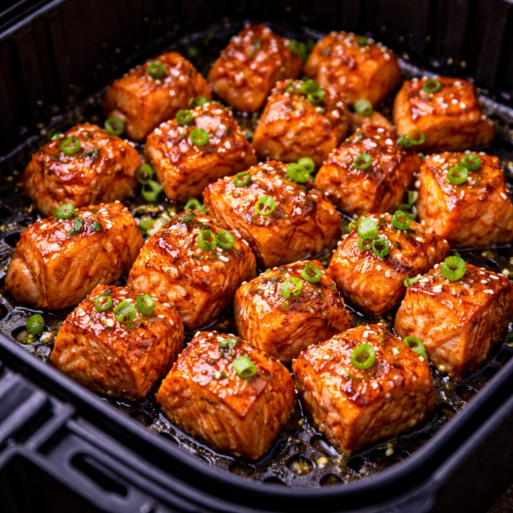 Golden crispy air fryer honey soy salmon bites glazed with sticky honey garlic sauce, cooked until caramelized and served as a quick seafood dinner.