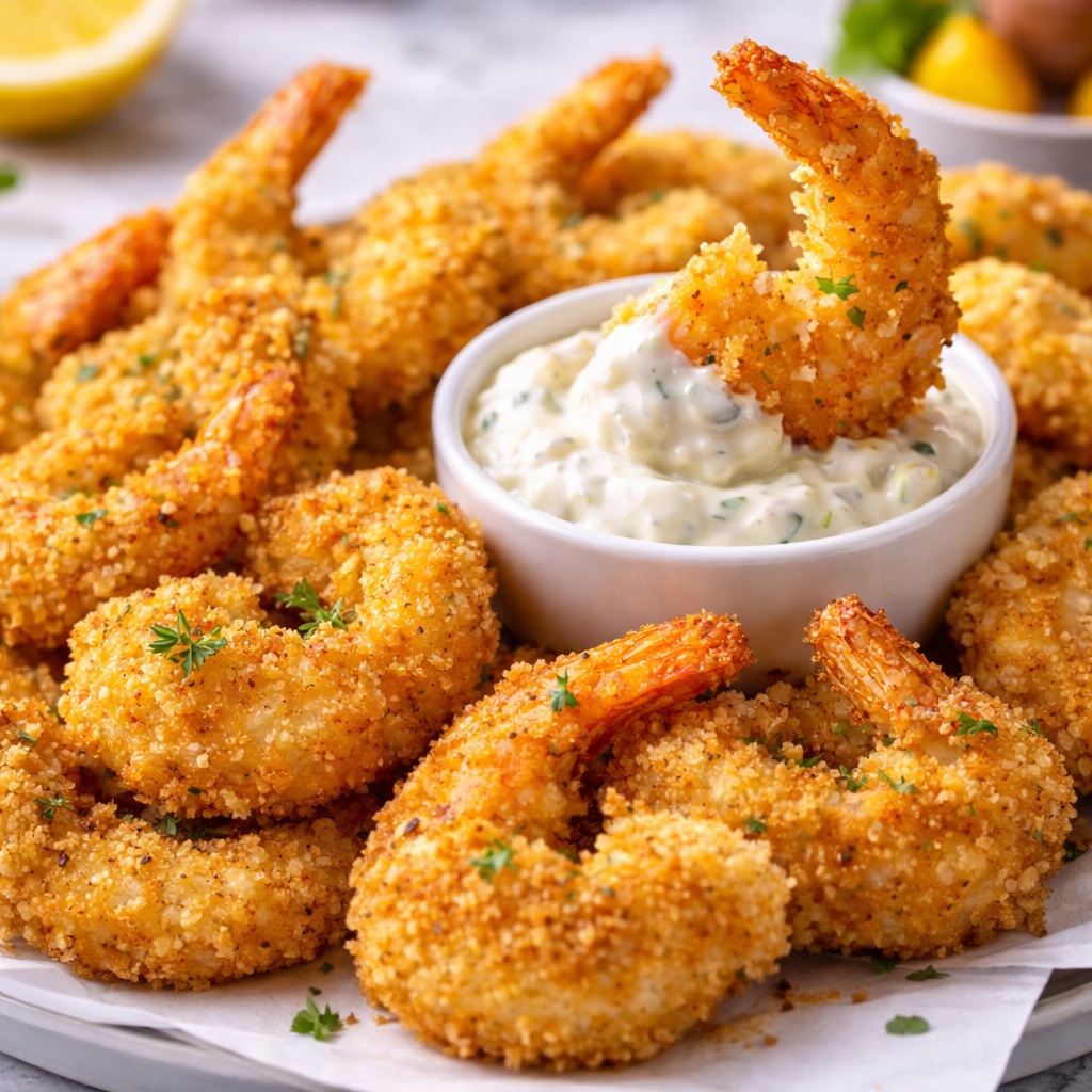 Golden crispy panko crusted shrimp cooked in an air fryer served with dipping sauce.