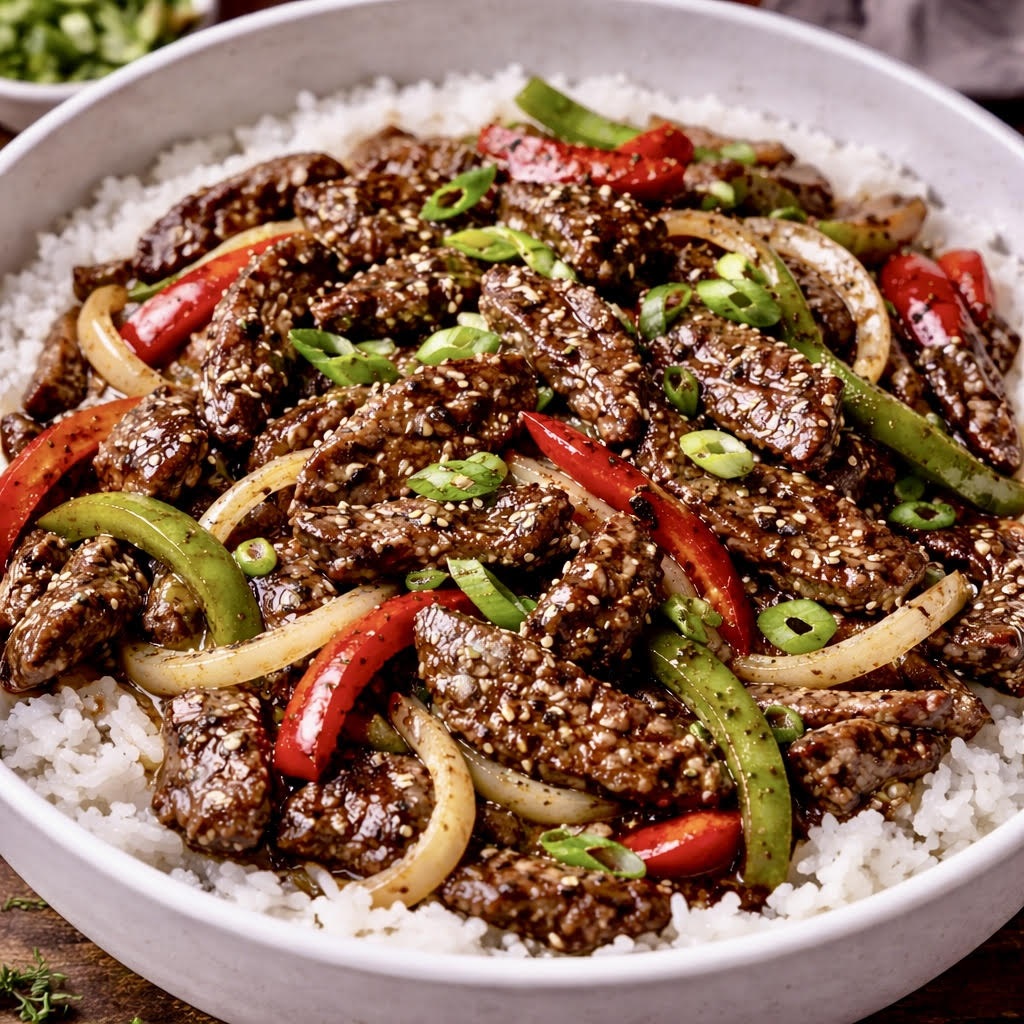 Asian black pepper beef stir fry with tender sliced steak, onions, bell peppers, and glossy black pepper sauce served over rice.