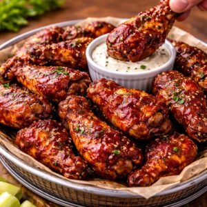 Sticky BBQ chicken wings baked until crispy and coated in a thick smoky barbecue glaze with caramelized edges.
