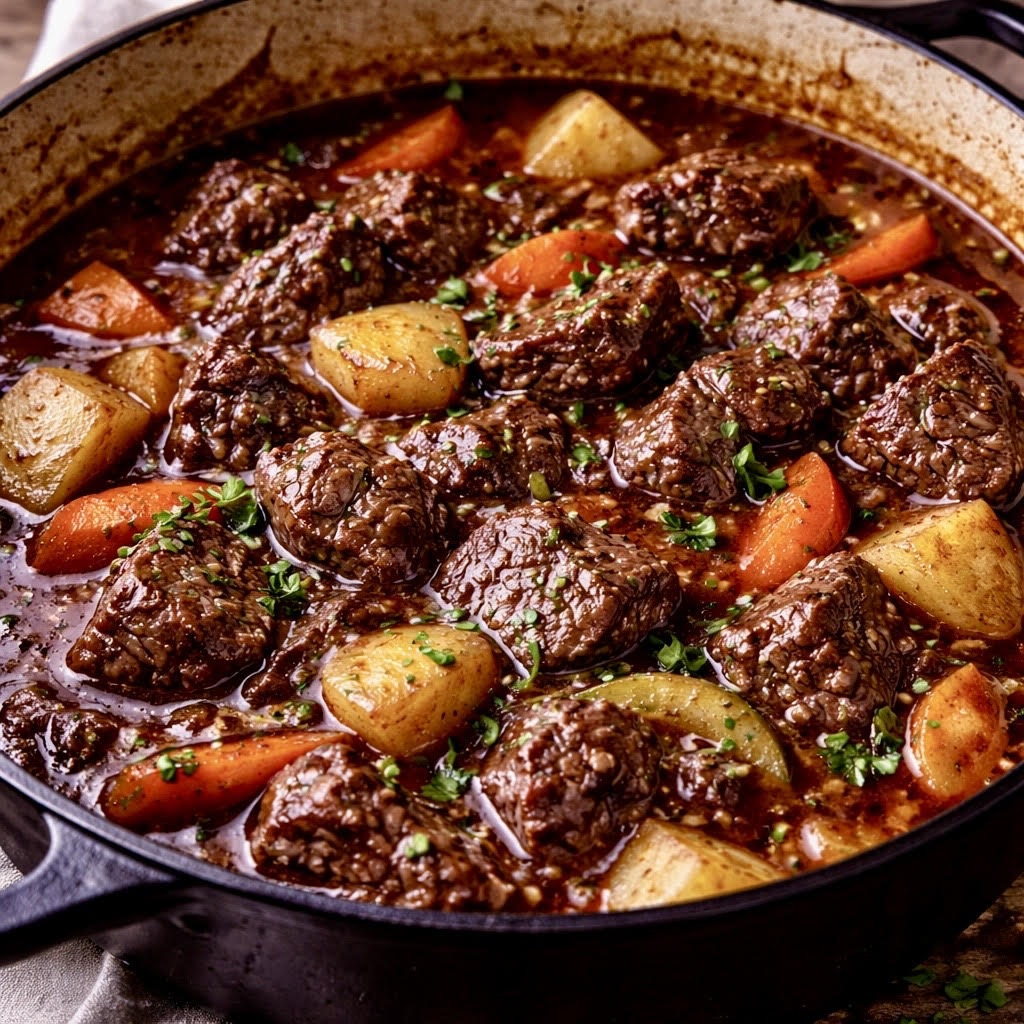 Rustic beef stew simmered in red wine with tender beef chunks, carrots, onions, and rich savory broth in a large pot.