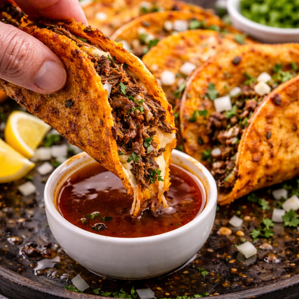 Close-up crispy beef birria tacos stuffed with melted Oaxaca cheese and slow-cooked shredded beef, served with rich red consommé, chopped cilantro, diced onion, and lime wedges.