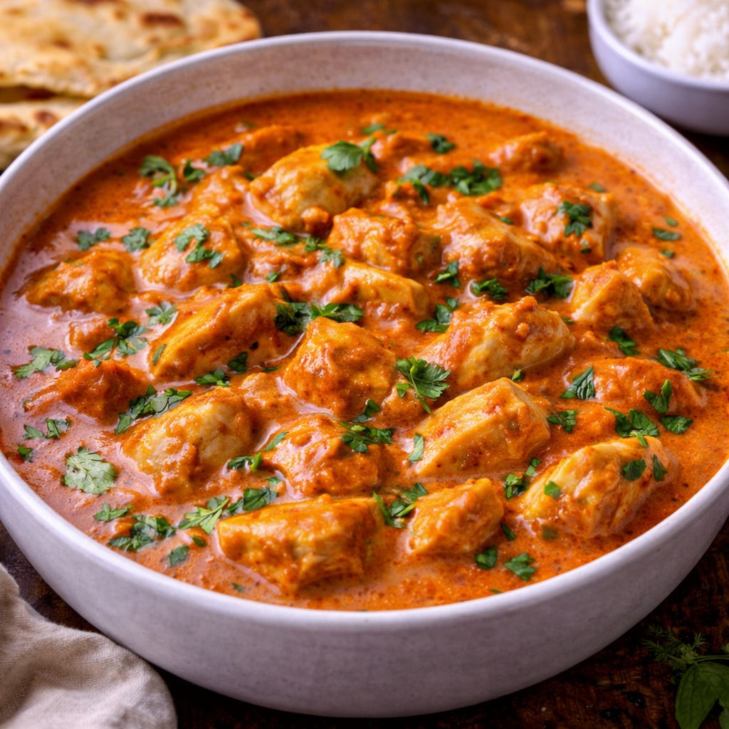 Creamy Indian butter chicken served over fluffy basmati rice with naan bread, finished with cilantro and a drizzle of cream in a warm rustic bowl.