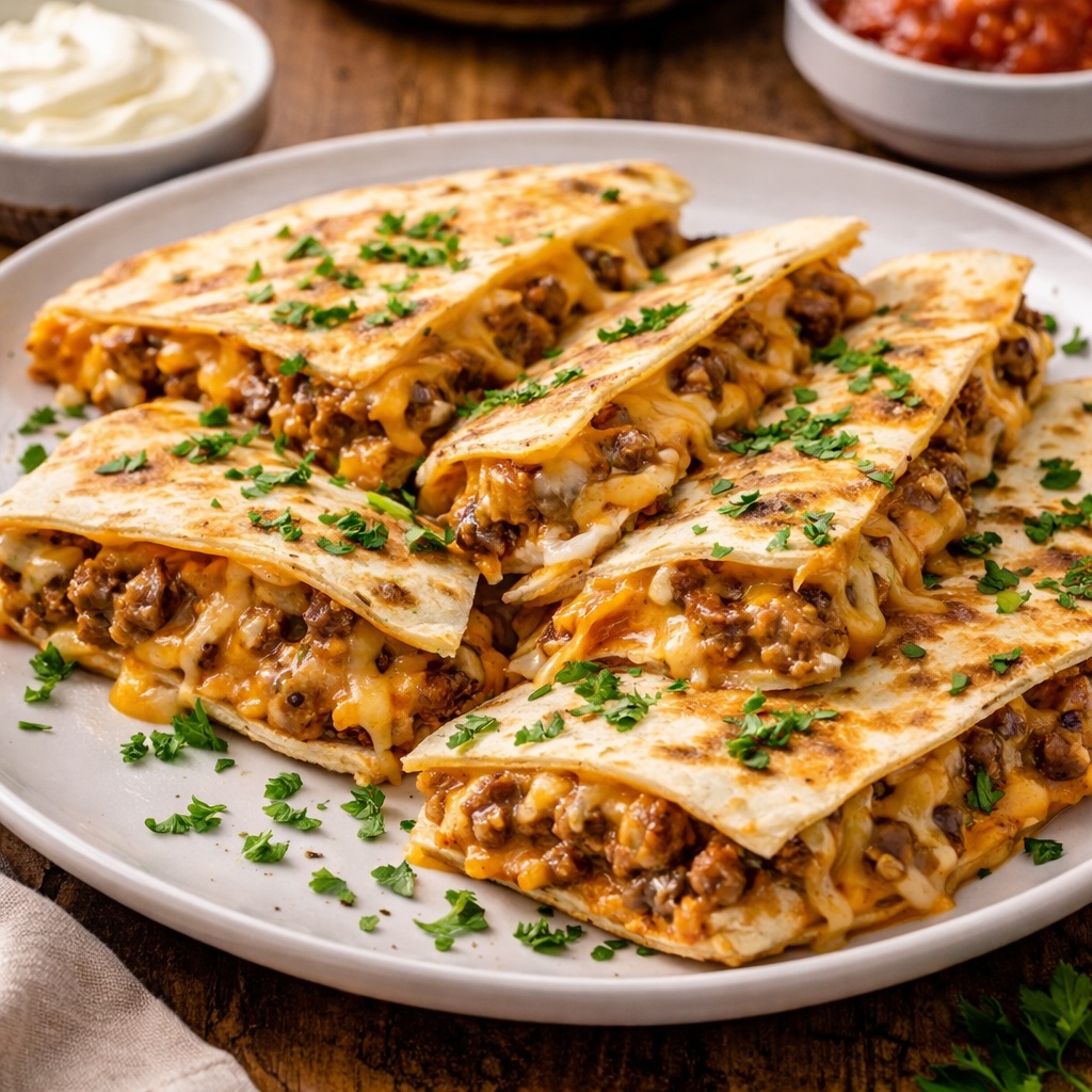 Golden crispy sausage quesadillas sliced and served with salsa, sour cream, and fresh cilantro on a skillet.