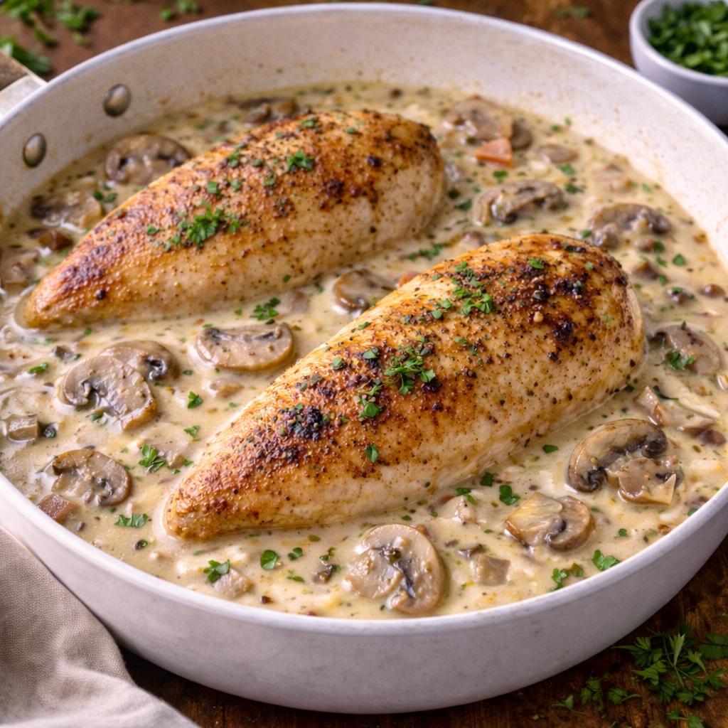 Creamy chicken fricassée made with golden seared chicken simmered in a rich garlic cream sauce with mushrooms, onions, and fresh parsley.