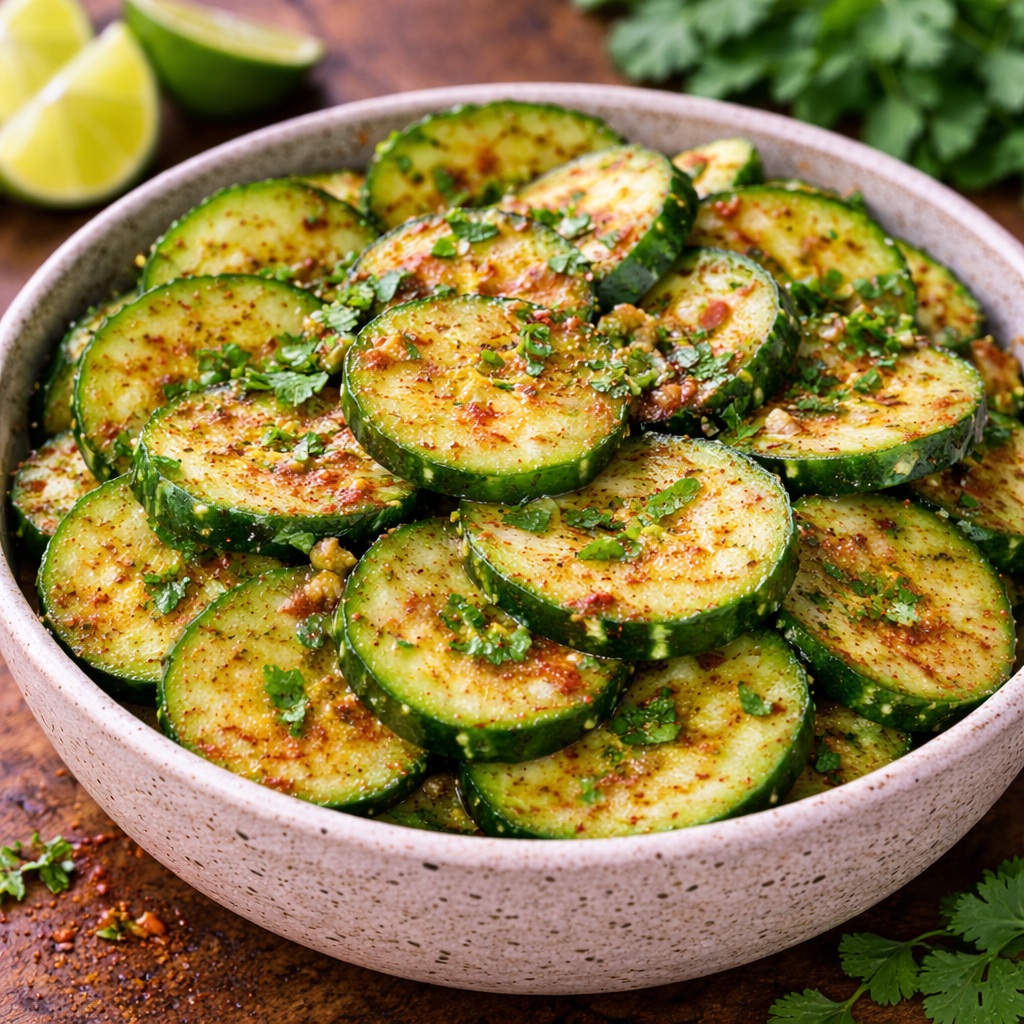 Bowl of thin sliced cucumbers tossed in chili lime seasoning with fresh lime juice, chili powder, and herbs for a refreshing crunchy side dish.