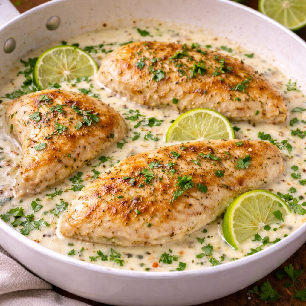 Creamy coconut lime chicken served in a skillet with fresh lime slices and cilantro garnish.