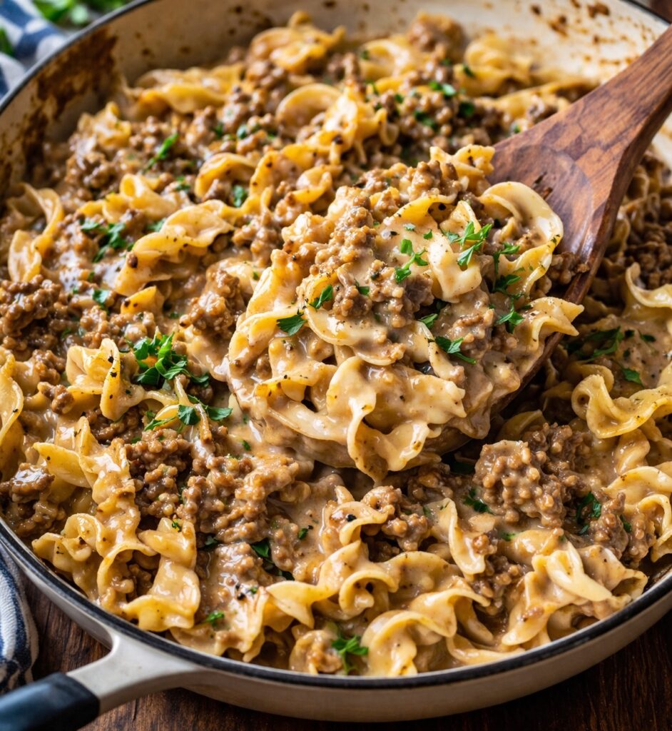 Creamy one-pot beef stroganoff made with ground beef, egg noodles, and a rich savory sauce topped with parsley in a skillet.