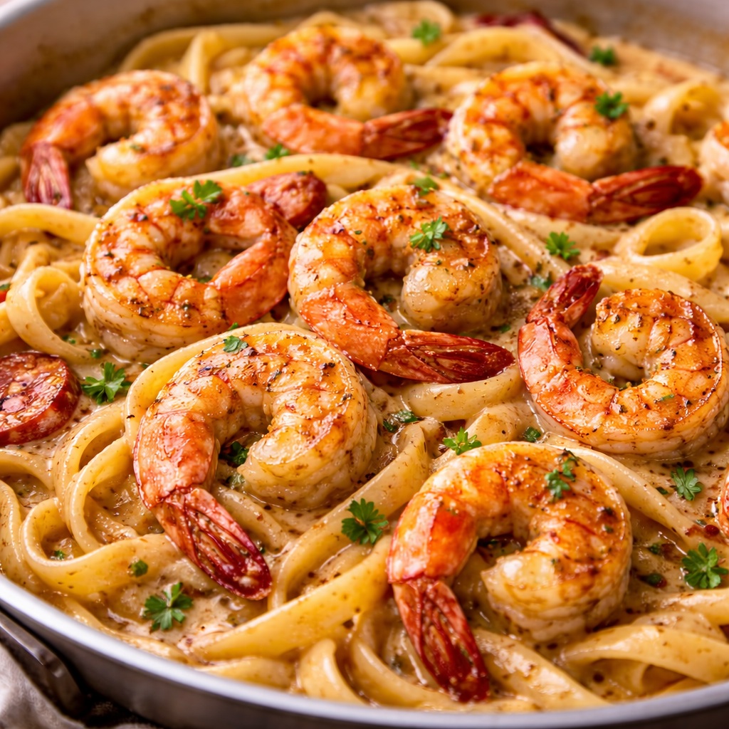 Creamy Cajun shrimp pasta with parmesan cream sauce, tender shrimp, garlic, and parsley served over pasta in a rich restaurant-style seafood dinner.
