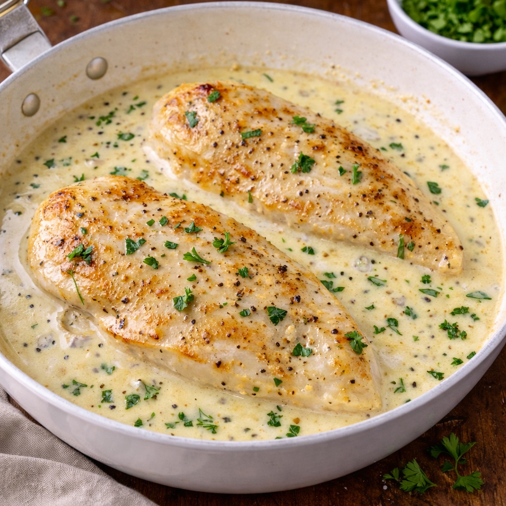 Creamy Dijon chicken skillet with garlic cream sauce and fresh parsley garnish served over mashed potatoes.
