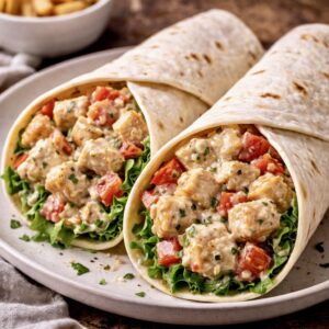 Creamy garlic chicken wraps stuffed with juicy seasoned chicken, rich parmesan garlic sauce, crisp lettuce, tomatoes, and warm toasted tortillas.