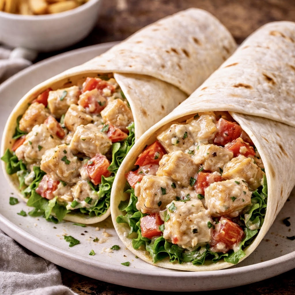 Creamy garlic chicken wraps stuffed with juicy seasoned chicken, rich parmesan garlic sauce, crisp lettuce, tomatoes, and warm toasted tortillas.