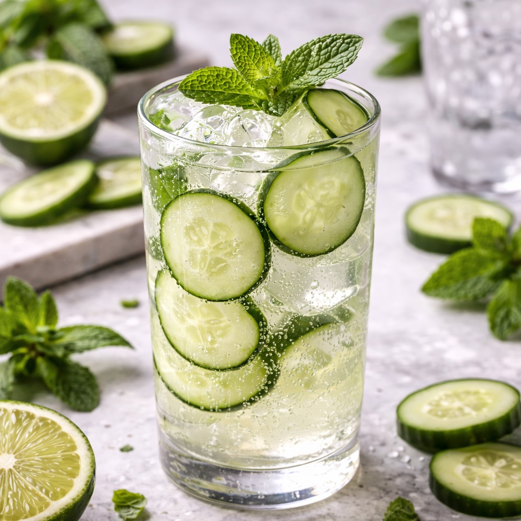 Refreshing cucumber gin spritz cocktail served over ice with fresh cucumber slices, lime juice, and sparkling club soda in a chilled glass.