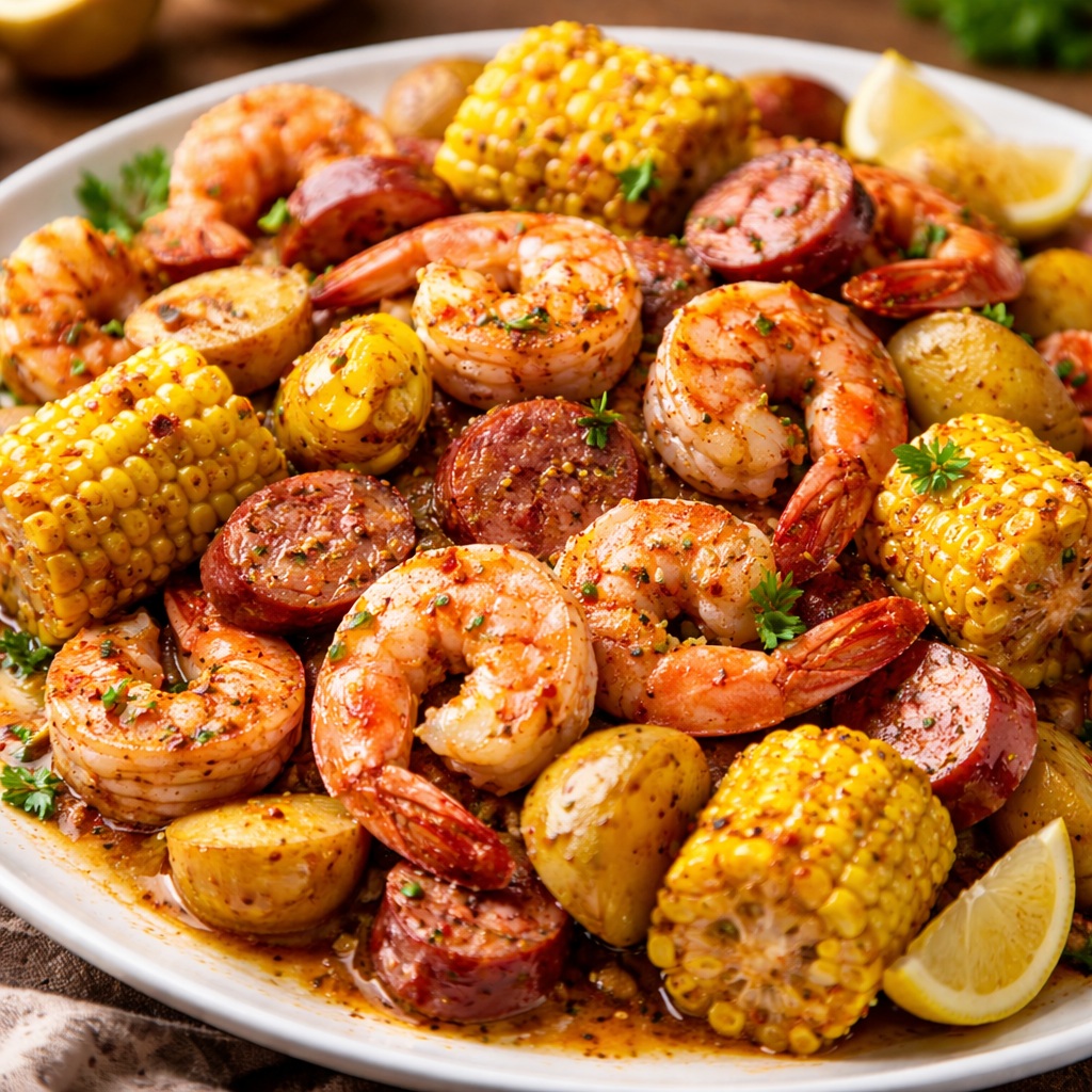 Easy homemade Zatarain’s shrimp boil with shrimp, sausage, corn, and potatoes served on a tray with bold Cajun seasoning and melted butter.