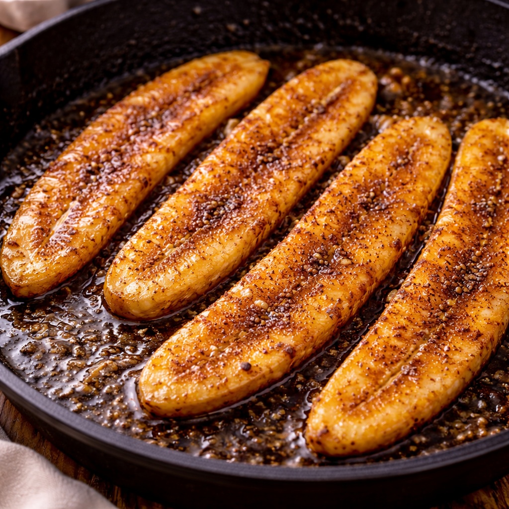 Caramelized fried cinnamon sugar bananas cooked in butter with golden brown edges and a warm dessert glaze.