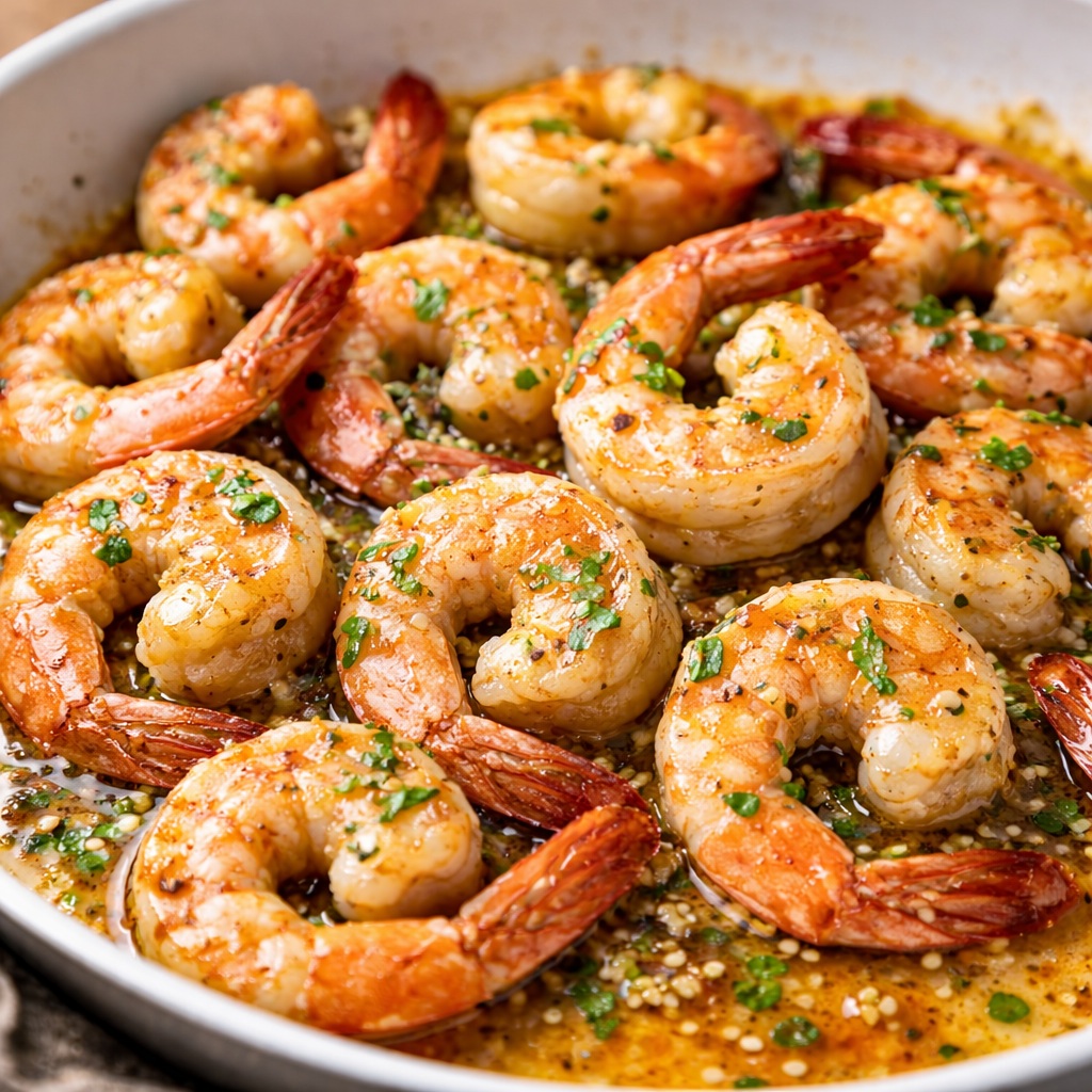 Juicy garlic butter shrimp cooked in a skillet with fresh garlic, butter sauce, parsley, and lemon