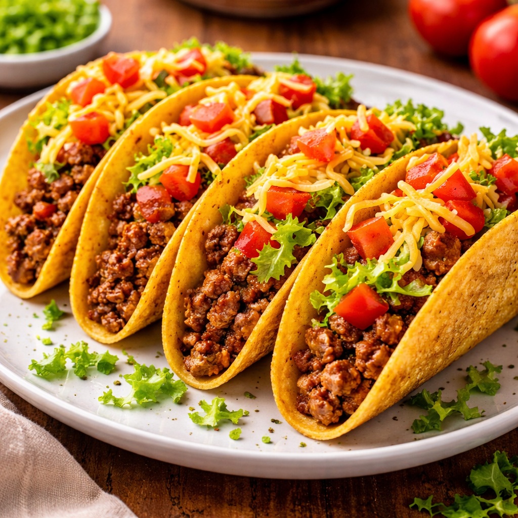 Crispy crunchy beef tacos filled with seasoned ground beef, lettuce, tomatoes, and shredded cheese
