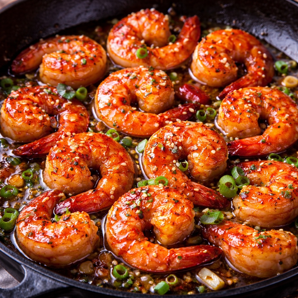Sticky honey sriracha glazed shrimp served in a skillet with a sweet and spicy garlic sauce, topped with green onions.
