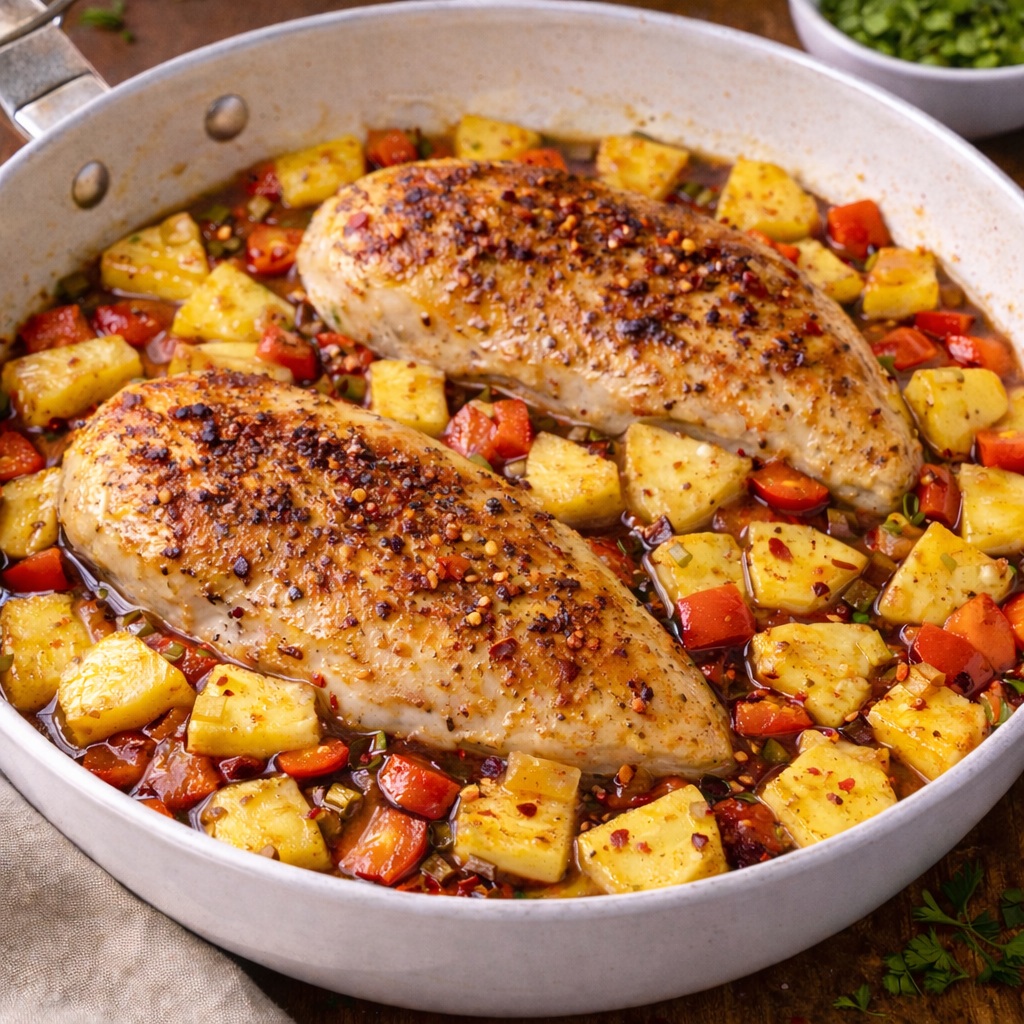 Sticky hawaiian island pineapple chicken glazed in a sweet and savory garlic soy sauce with caramelized pineapple chunks and red bell peppers.