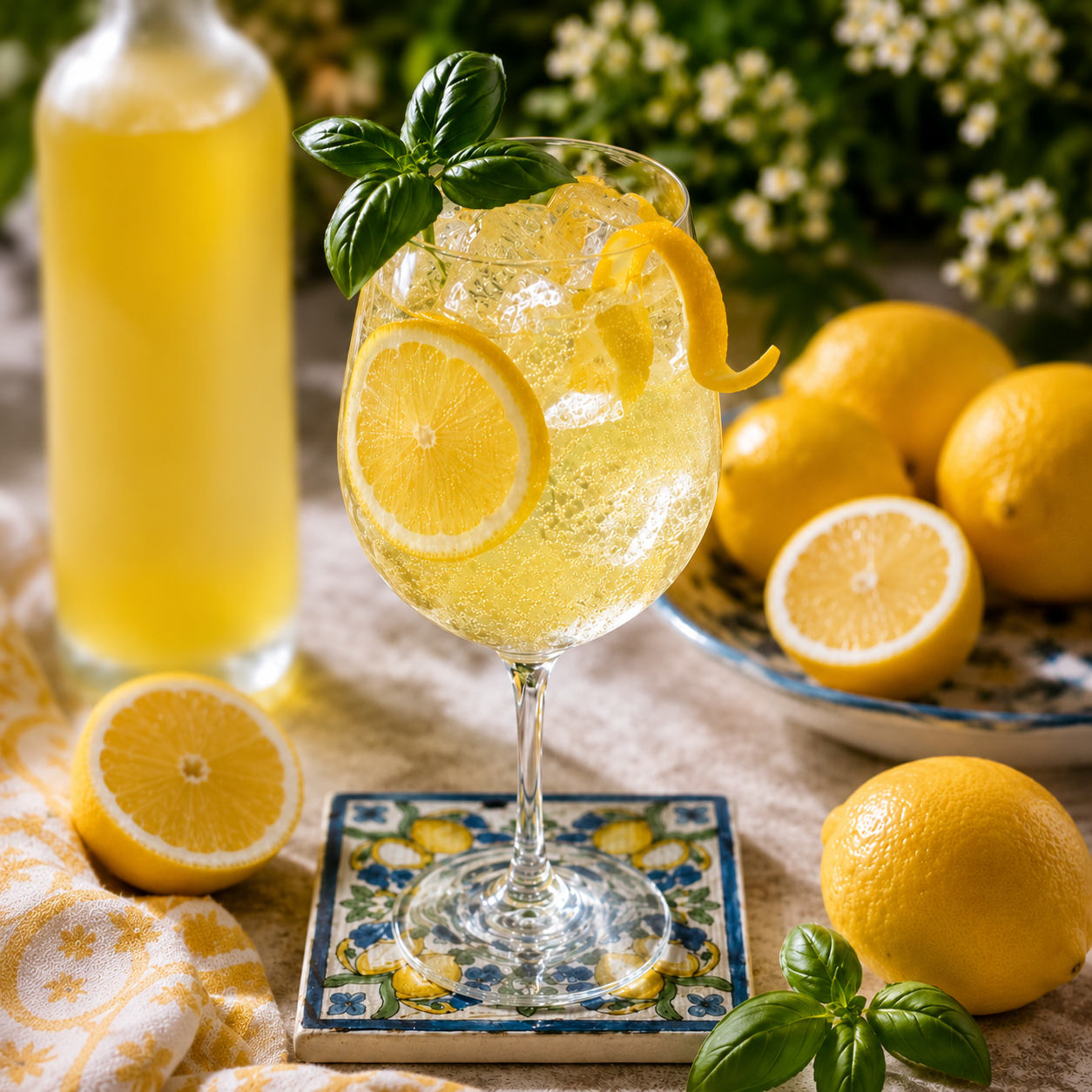 Italian Lemon Spritz cocktail with prosecco, limoncello, lemon garnish, and basil served over ice in a wine glass