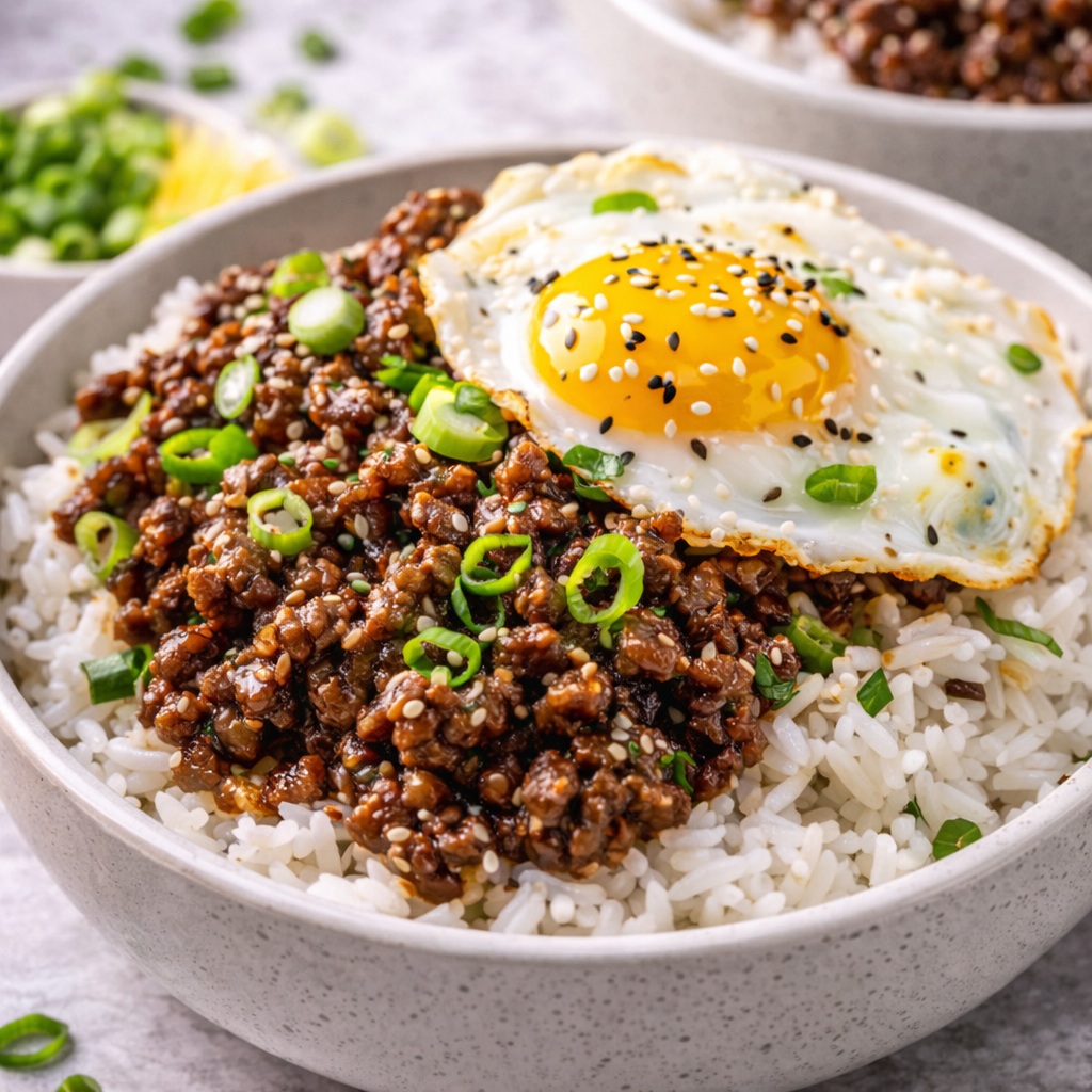 Sweet and savory Korean beef rice bowl loaded with glossy garlic ginger beef over steamed rice with spicy chili heat, sesame seeds, green onions, and a rich sticky sauce.