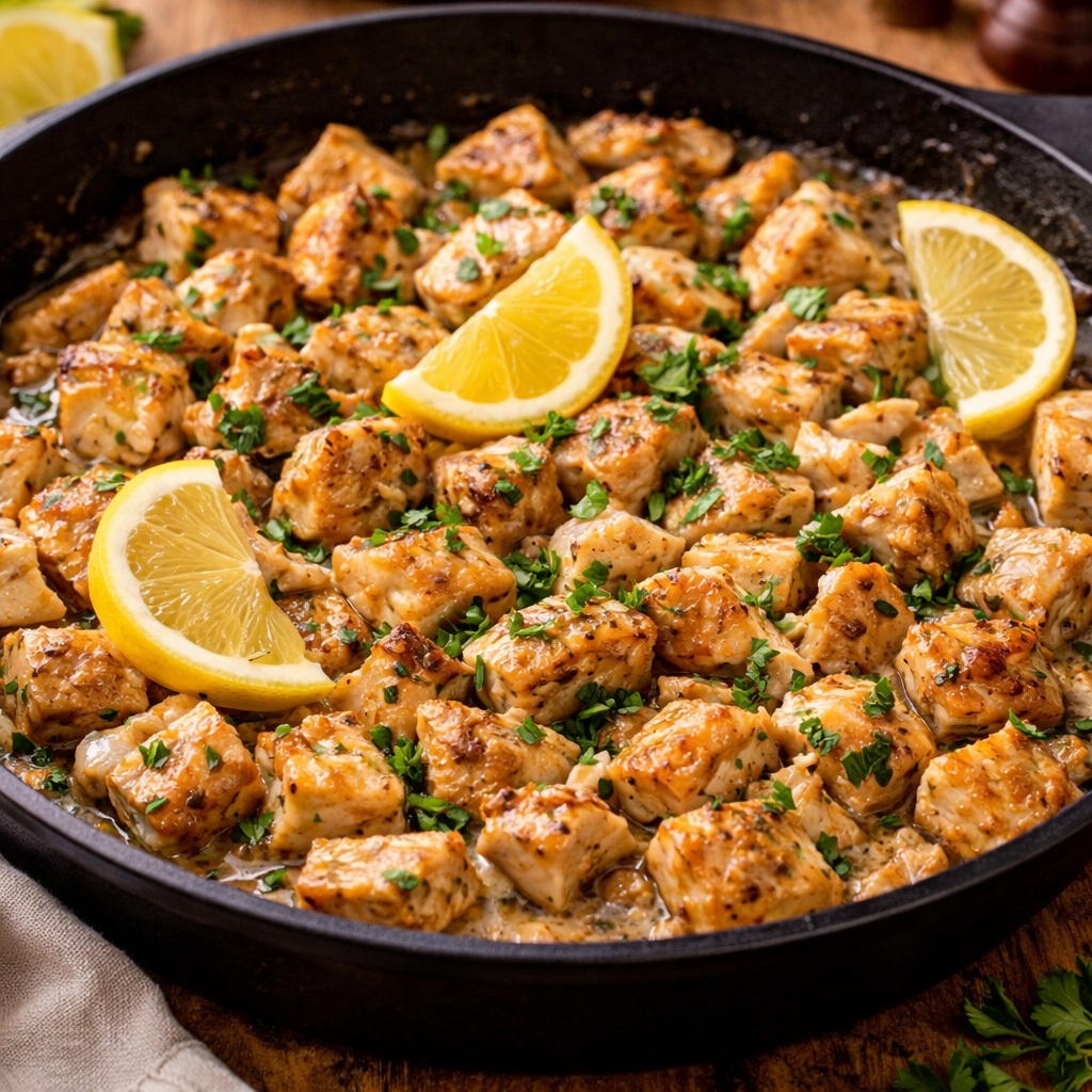 Pan-seared lemon garlic chicken bites garnished with parsley and lemon wedges in a skillet.