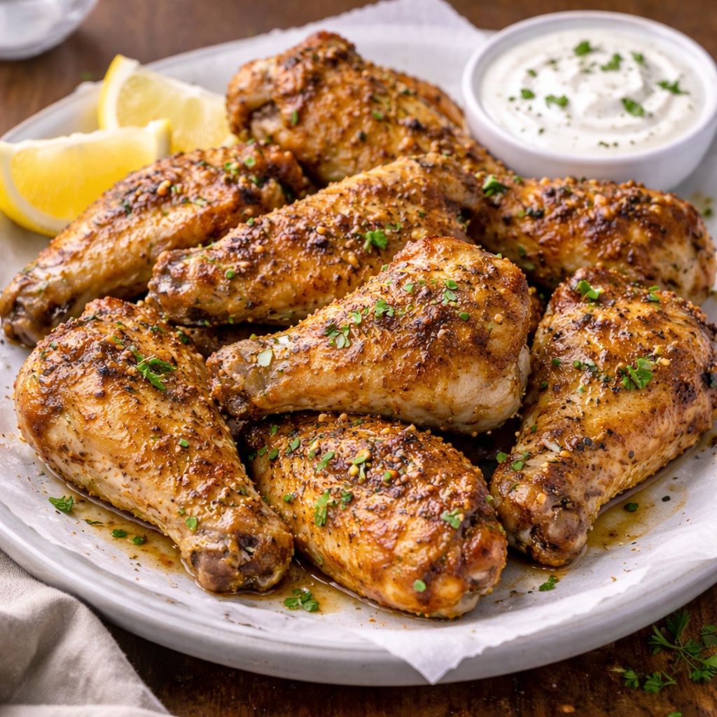 Crispy lemon pepper chicken wings coated in buttery lemon pepper sauce and served hot for game day or party appetizers.