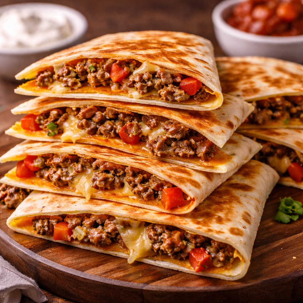 Loaded ground beef quesadillas sliced on a skillet with melted cheese, seasoned beef, peppers, and crispy golden flour tortillas.