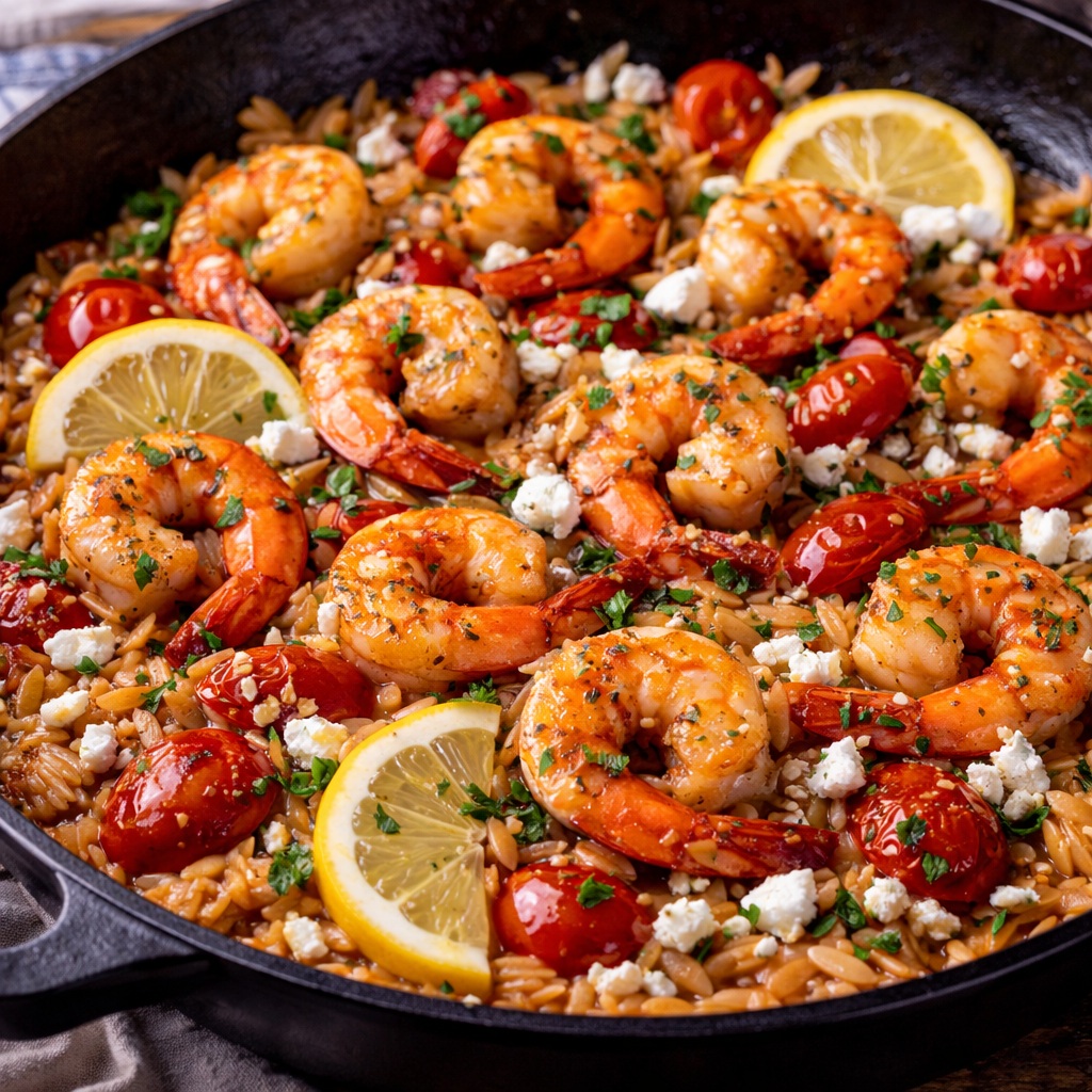Mediterranean shrimp and orzo skillet with feta cheese, cherry tomatoes, garlic, and lemon in a one-pan seafood dinner.